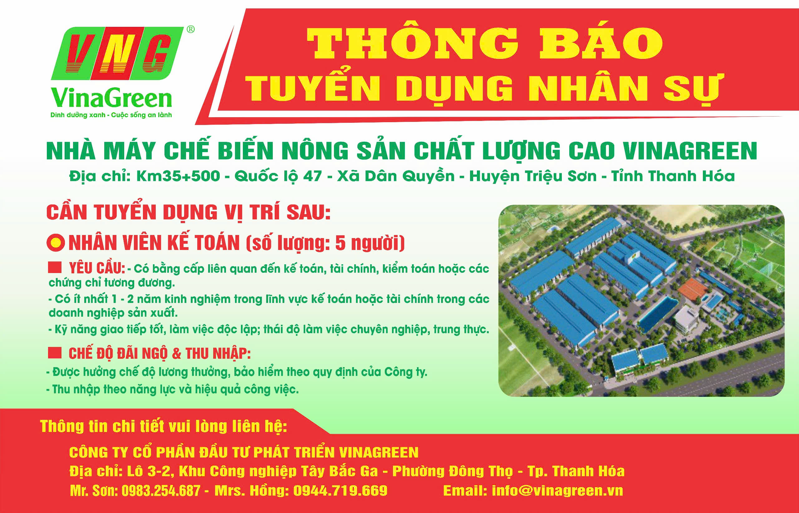 Nhà Máy Chế Biến Nông Sản Chất Lượng Cao VinaGreen Thông Báo Tuyển Dụng Nhân Sự Kế Toán