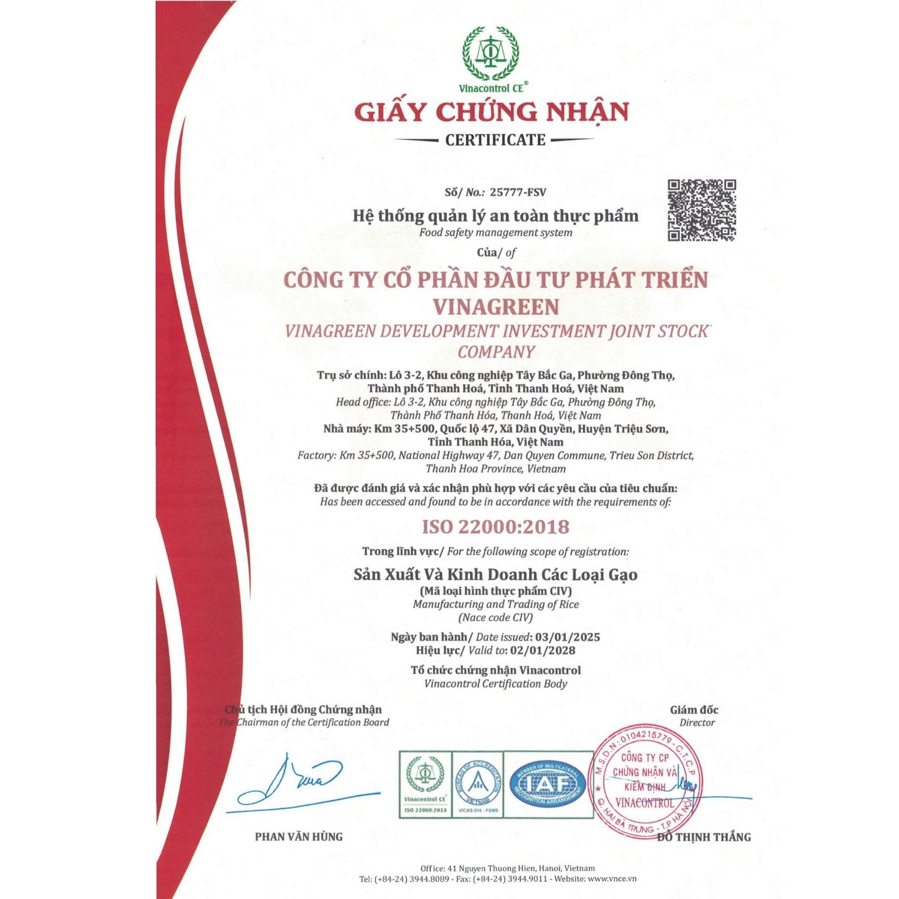 Giấy chứng nhận ISO 22000:2018 của VinaGreen